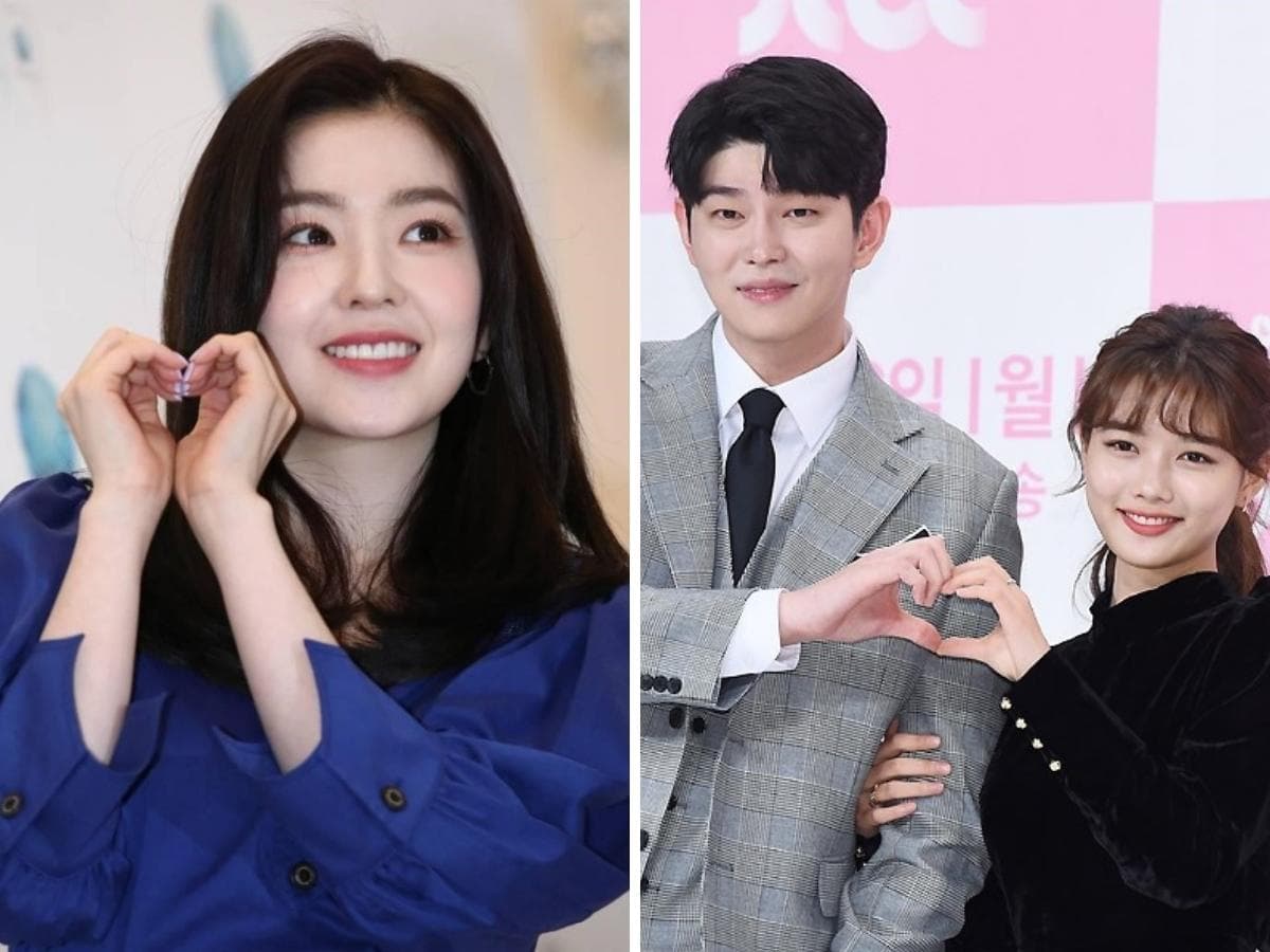 Korean drama celebrities are posing for a hand heart during a production presentation.