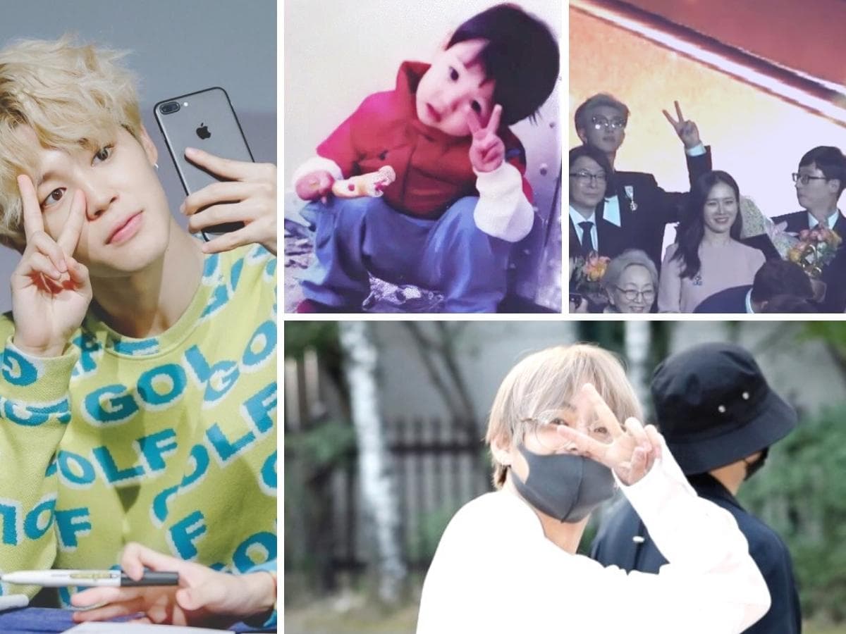 In daily life, BTS members are taking pictures with peace hand sign, v hand gesture.