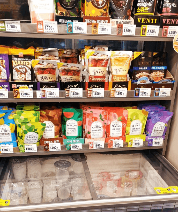 Korean pouch drinks with ice cups in convenience store