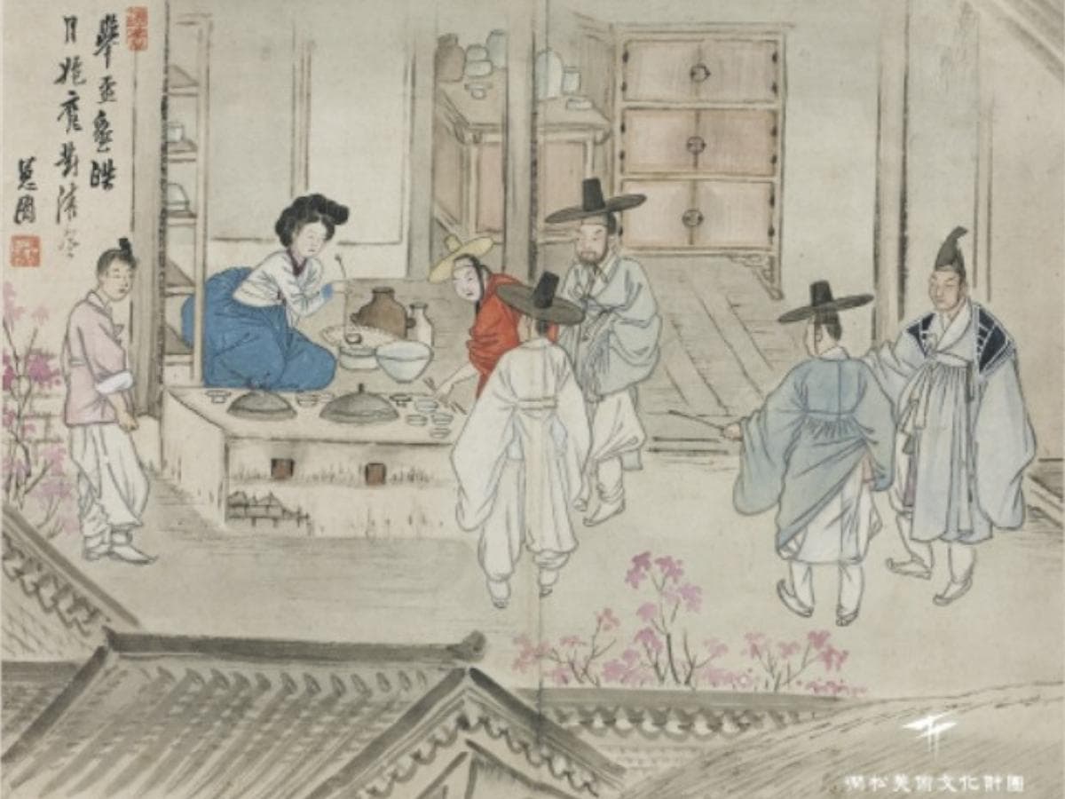 A folk painting depicted people drinking soju at a pub in the Joseon Dynasty, the ancient nation of Korea.