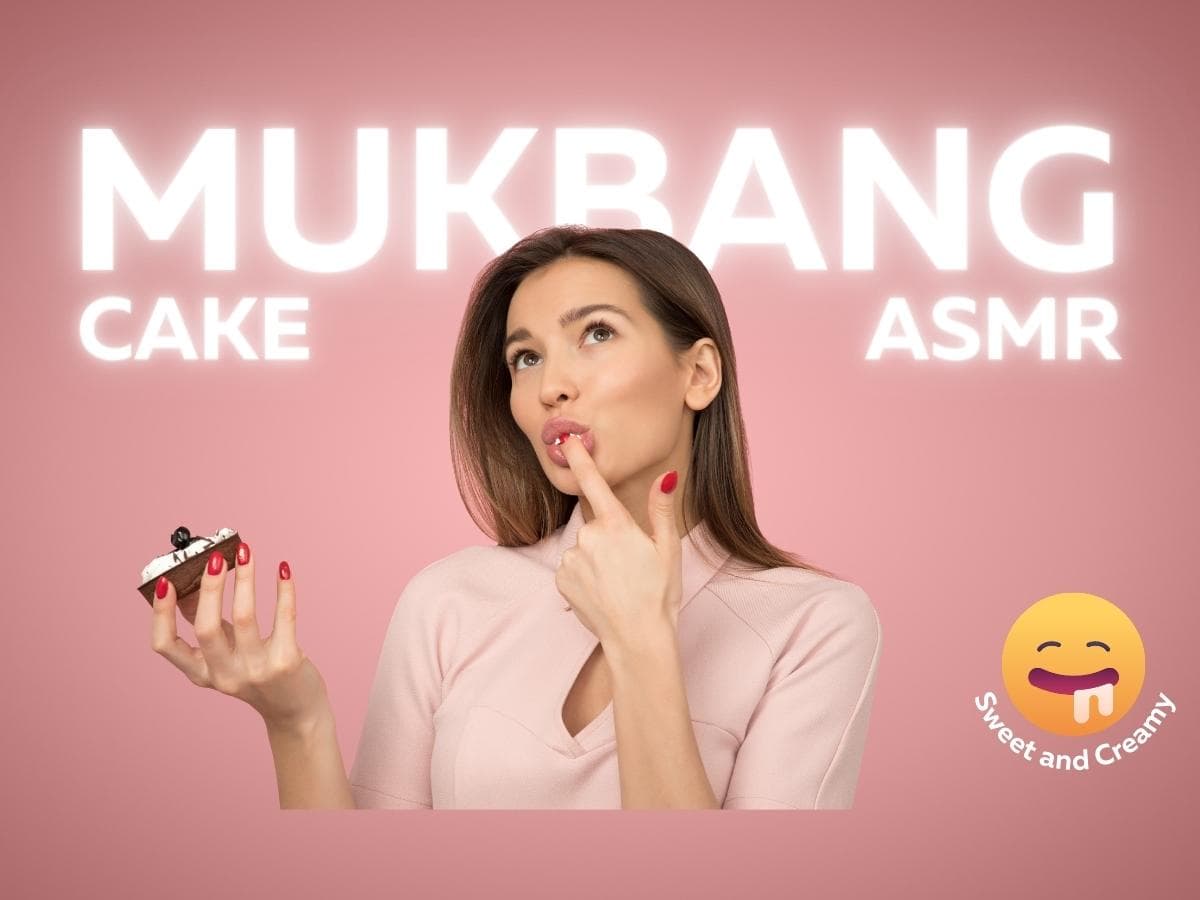 A female mukbang YouTuber is broadcasting Cake ASMR