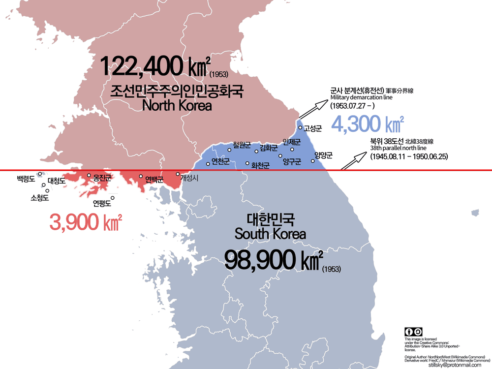 map of Korea showing difference 38th parallel before the Korean War with DMZ truce line after war