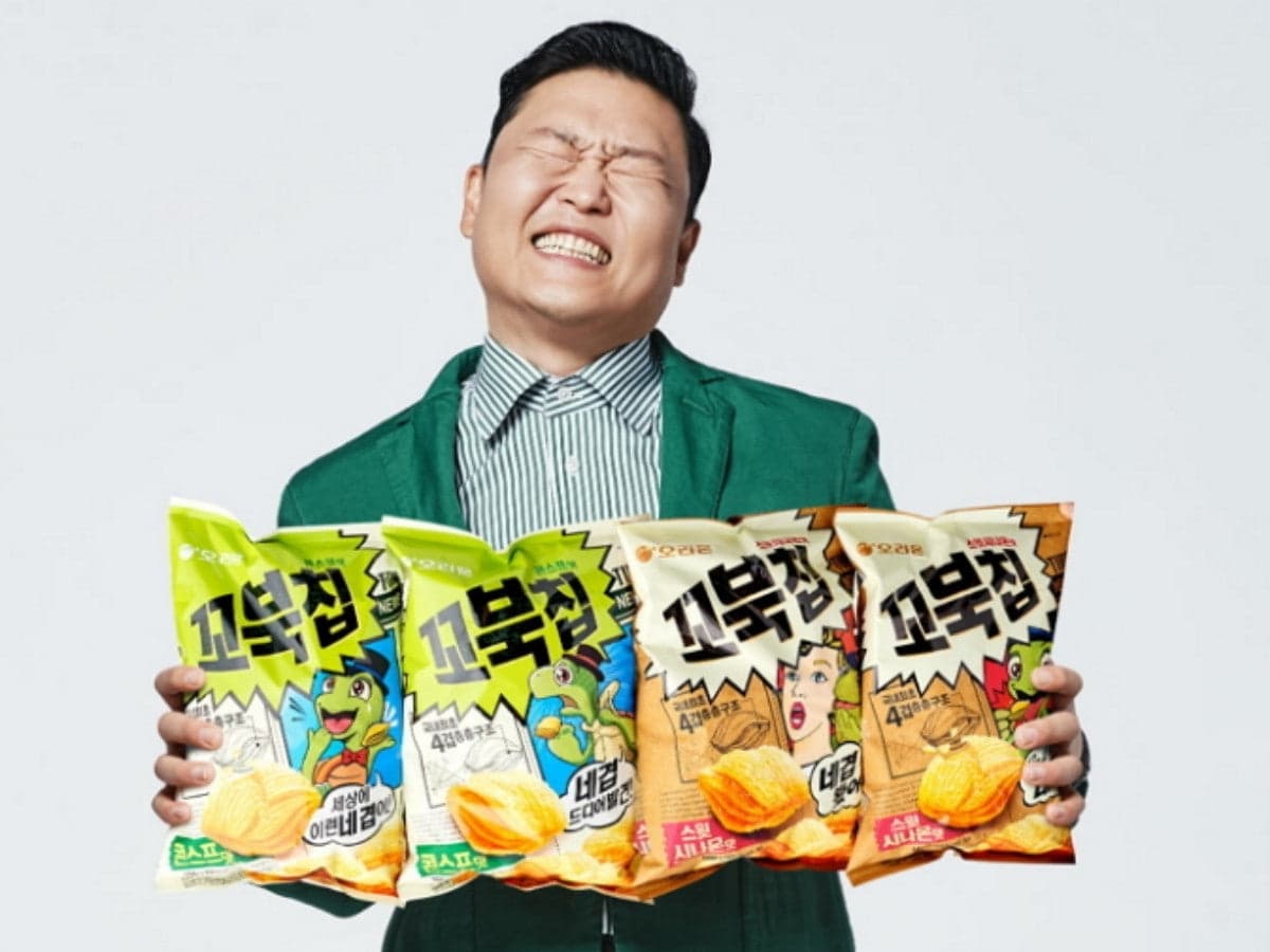 PSY on commercial ads of Orion turtle chips.