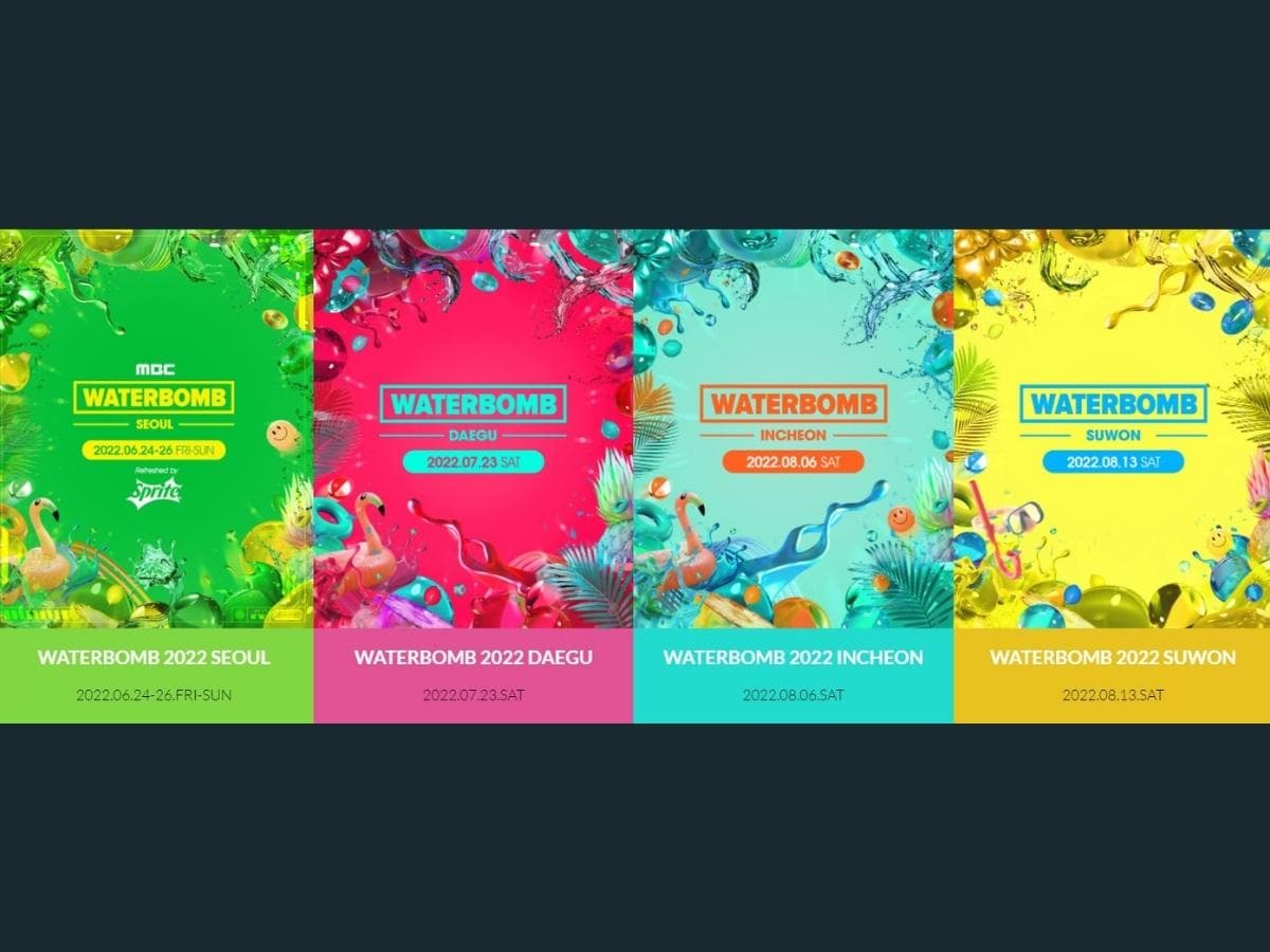 Official posters for the 2022 Waterbomb Festival in 4 cities, Seoul, Daegu, Incheon, and Suwon