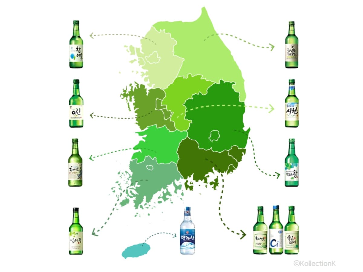 map of South Korea shows each region of Korea and pictures of the best-selling soju there.