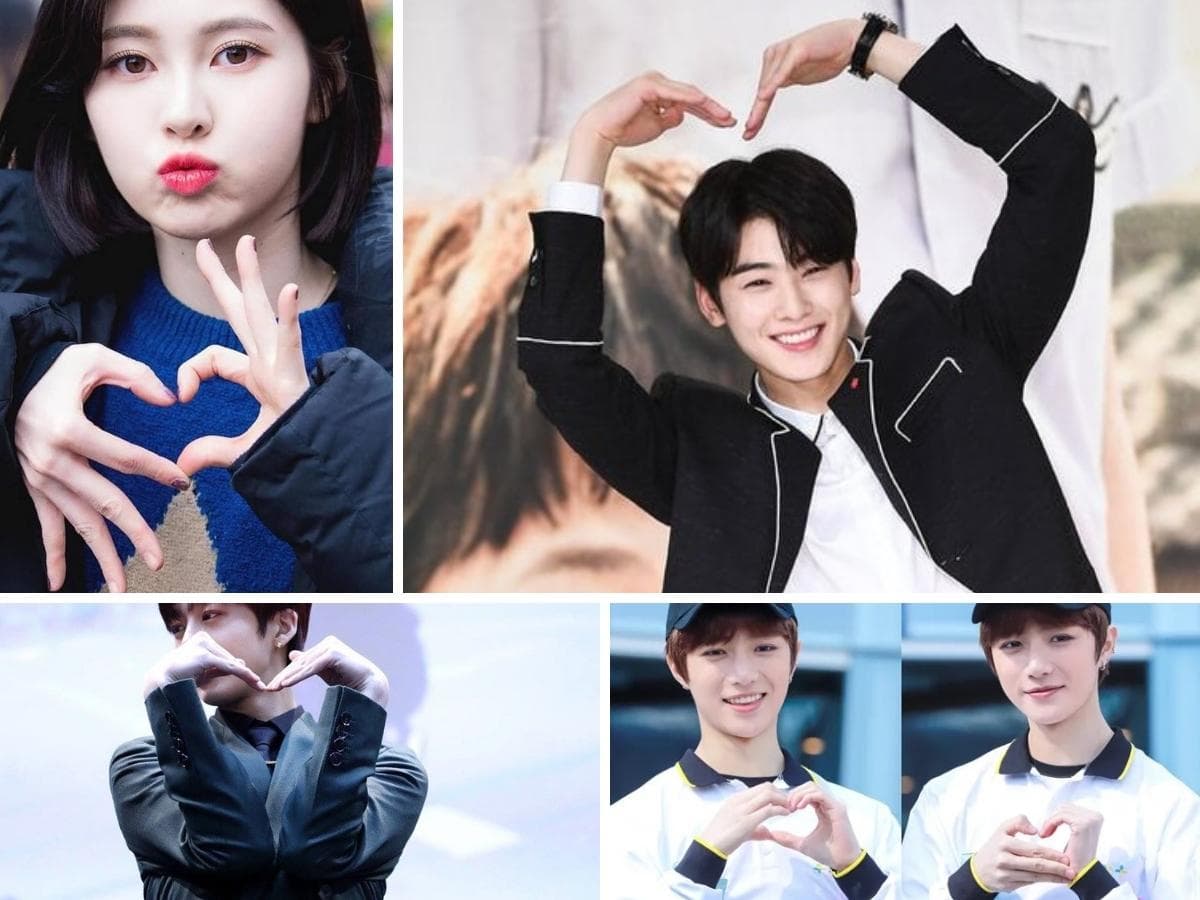 k-pop idol stars are creating various original heart signs with body language and hand gestures.