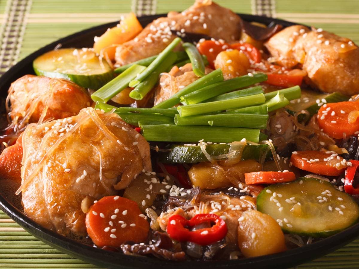 Various ingredients of Jjimdak, including chilli peppers