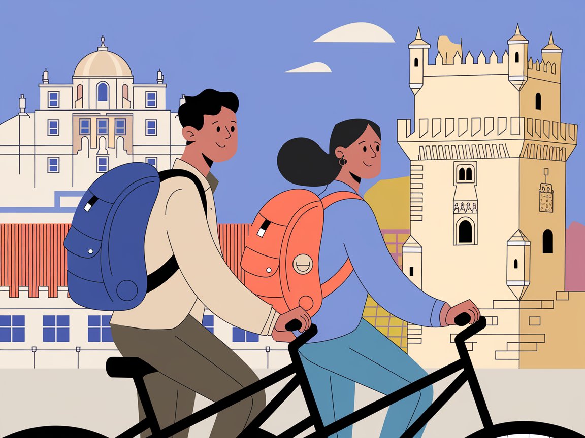 A couple riding bicycles around Lisbon, Portugal, carrying backpacks.
