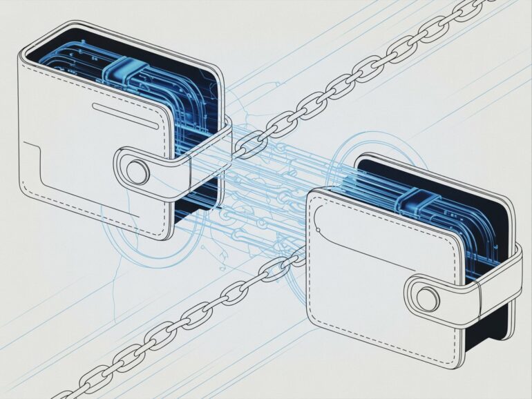 Abstract futuristic illustration of encrypted data streams flowing between two digital wallets, symbolizing private and anonymous financial exchange without identity verification